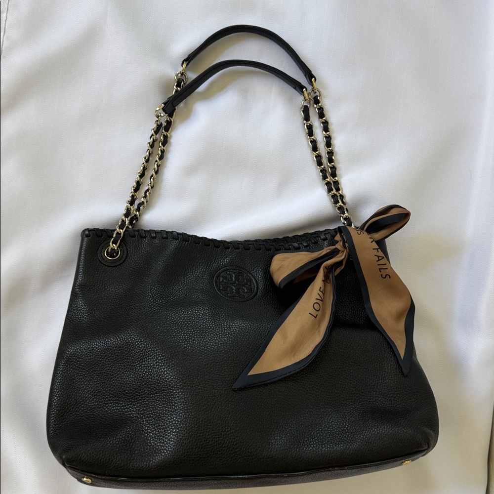 Tory Burch Black Leather Tote with Chain Straps